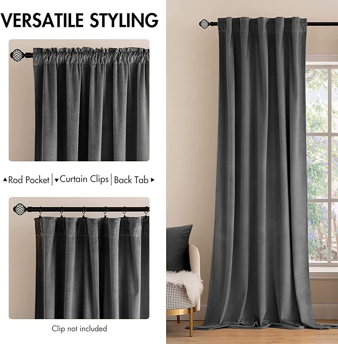 MIULEE Grey Velvet Curtains 52x96 inches 2 Panels Luxury Blackout Curtains | - Image 2
