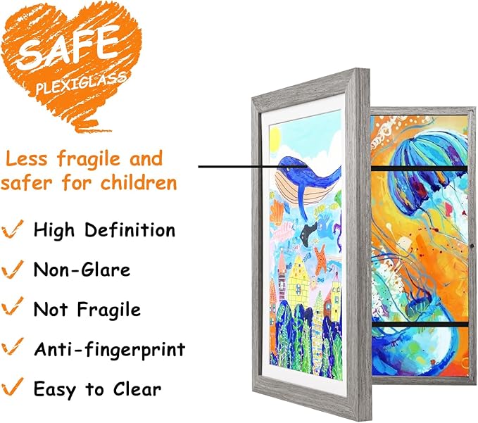 KINLINK 10x12.5 Kids Art Frames Set of 2, Solid Wood Kids Artwork Frames Changeable with Acrylic Front Opening Holds 150 Pictures, Art Frame for Kids Artwork with Mat or without Mat, Grey