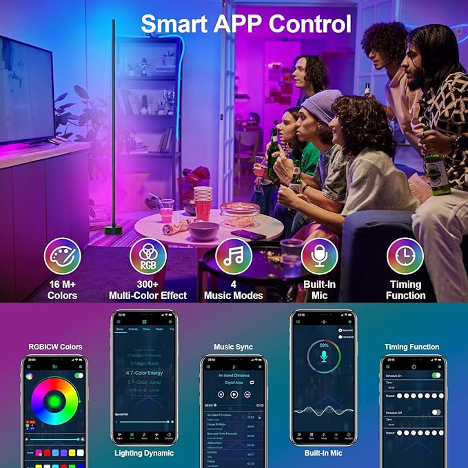 Corner Floor Lamp - Smart RGB LED Corner Lamp with App and Remote Control, 16 Million Colors & 68+ Scene, Music Sync, Timer Setting - Ideal for Living Rooms, Bedrooms, and Gaming Rooms