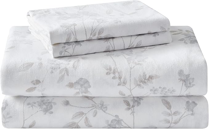 Laura Ashley - Flannel Sheets Full Size, Anti-Pilling & Wrinkle Resistant Cotton, Touchably Soft for All-Season Comfort - Bed Sheets with Matching Pillowcases & Fitted Sheet (Fawna Grey)