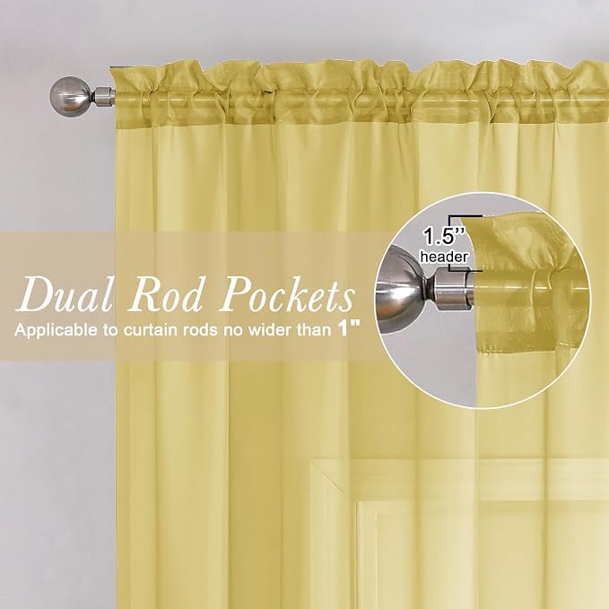 Yellow Sheer Curtains 84 Inches Long 2 Panels, Light Filtering Voile Window - Image 2