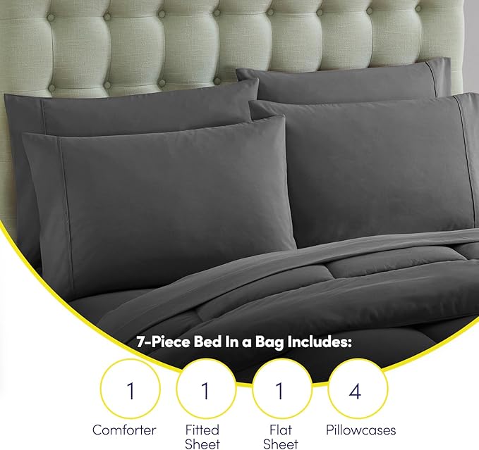 California King Comforter Set - Soft & Breathable 7-Piece Bedding Collection - 1 Comforter, 1 Fitted Sheet, 1 Flat, 4 Pillowcases - Deep Pocket - Premium Quality - Ideal for All Seasons, Gray
