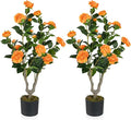 GOFLAME 3FT Artificial Camellia Tree, 2 Pack Faux Camellia Plant with Orange Flowers, Solid Wood Trunk, Realistic Moss, Greenery Potted Decoration Tree for Indoor Outdoor Home Porch Front Door