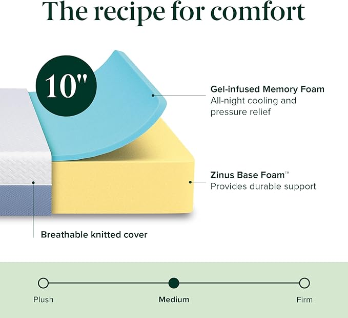 ZINUS 10 Inch Full Cooling Essential Memory Foam Mattress [NewVersion], Fiberglass Free, Medium Feel, Breathable Cooling Layers, Certified Safe Materials