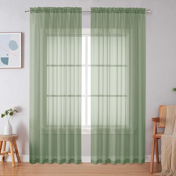 Simplebrand Sage Green Sheer Curtains 84 Inches Long, Light Filtering Rod by Simplebrand