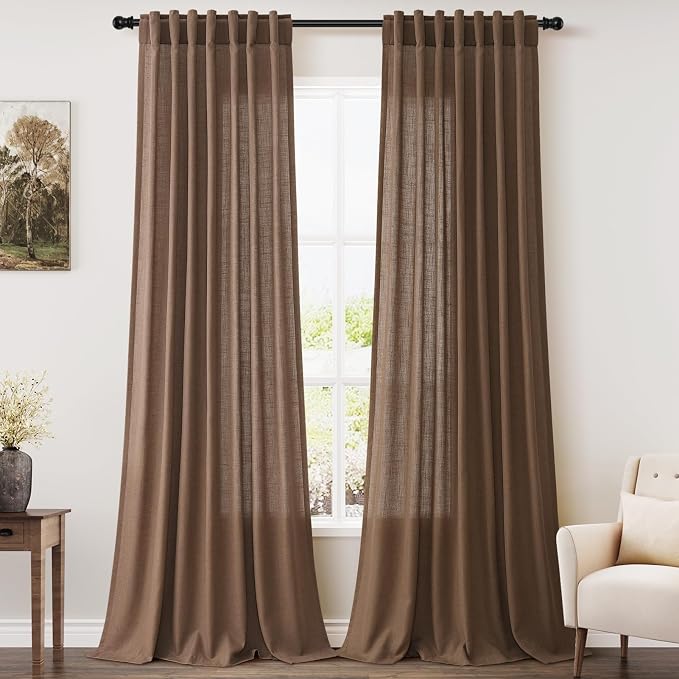Caramel Brown Linen Curtains for Living Room 92 Inches Long Back Tab Light by Nanspring