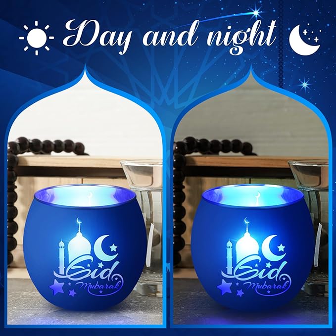 VIHOSE 3 Set Ramadan Decorations Eid Mubarak Votive Candle Holders Ramadan Glass Tea Light LED Battery Operated Candles Flameless Lights for Home Mubarak Party Islamic Muslim Table Centerpieces Decor