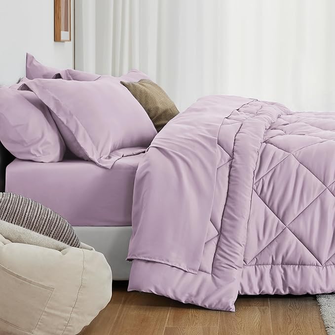 Love's cabin Full Comforter Set Light Purple, 7 Pieces Full Bed in a Bag, All Season Bedding Sets with 1 Comforter, 1 Flat Sheet, 1 Fitted Sheet, 2 Pillowcase and 2 Pillow Sham