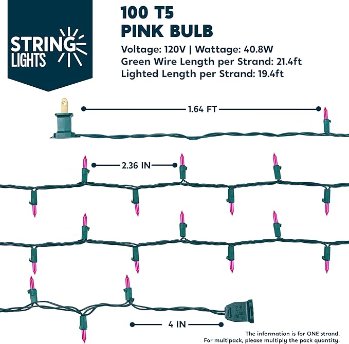 Joiedomi Pink Christmas String Lights,100 Count 21.4FT Fairy Tree Lights Plug in for Indoor Outdoor Xmas Valentines Decor Patio Holiday Theme Party Yard House,Green Wire