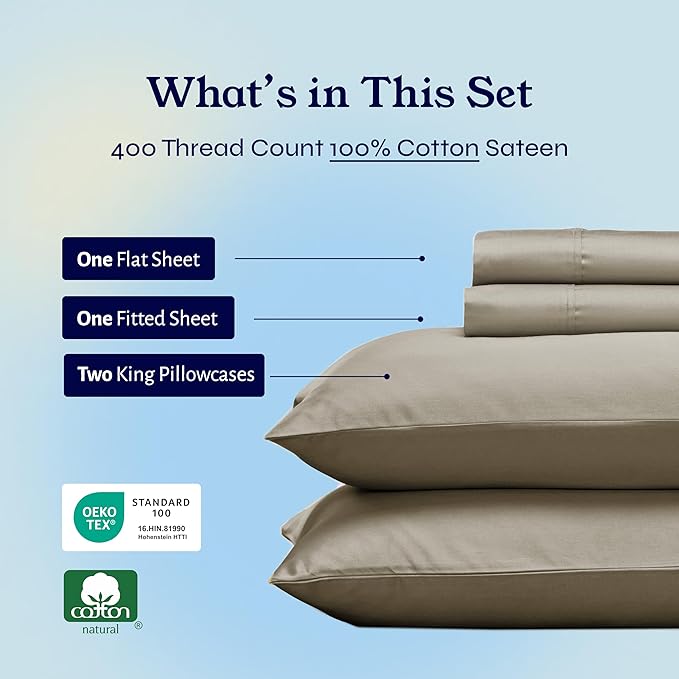 California Design Den King Bed Sheets Set - Soft 400 Thread Count Sateen, Natural 100% Cotton Sheets,Durable & Breathable Bedding with Deep Pockets - Taupe