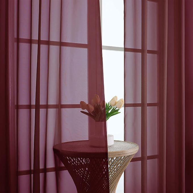 Burgundy Sheer Curtains 72 Inches Long 2 Panels Set, Light Filtering Sheer - Image 6