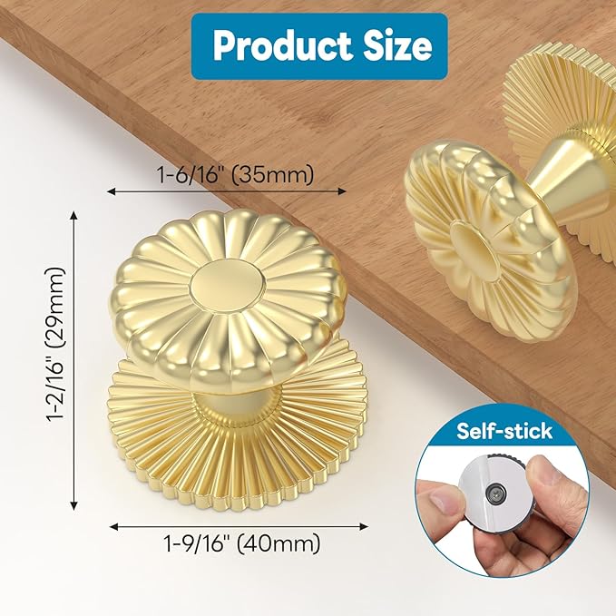 Self Adhesive Drawer Knobs, 2 Pack Self Stick Door Pull Handles, Zinc Alloy No Drilling Cabinet Knobs for Drawer, Closet, Window, Dresser, Sliding Barn/Glass Shower/Balcony Door (2, Gold)