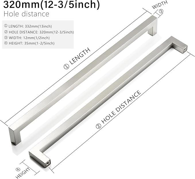 Cabinet Pulls Brushed Nickel Cabinet Handles Square Drawer Pulls, 10 Pack 12-3/5 Inch Stainless Steel Kitchen Door Cupboard Cabinet Handles, Cabinet Hardware Handles, 320mm Hole Centers