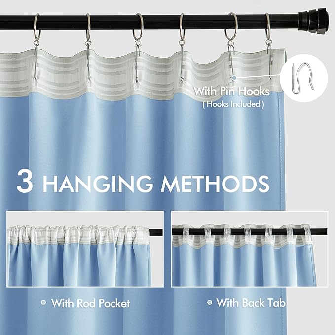 MIULEE Sky Blue Back Tab Blackout Curtains 52x63 Inches Long 2 Panels Set | Rod - Image 3