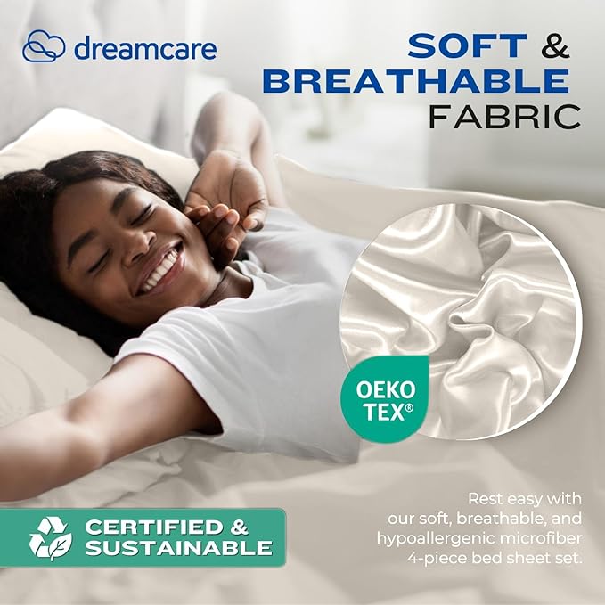DREAMCARE King Size Sheets Set - Cooling Bed Sheets - 4pcs Set - up to 15" Deep Pocket King Sheet Set – Soft & Long Lasting Cooling - 100% Fine Brushed Polyester with Side Pocket - Ivory