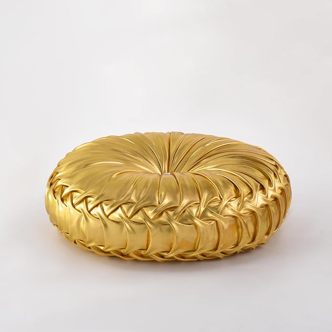 HIG Set of 2 Gold Metallic Leather Decorative Round Pleated Throw Pillows | - Image 6