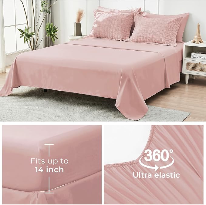 HYMOKEGE Rose Gold Full Size Comforter Sets Seersucker 7 Pieces, All Season Luxury Bed in a Bag for Bedroom, Bedding Set with Comforters, Sheets, Pillowcases & Shams