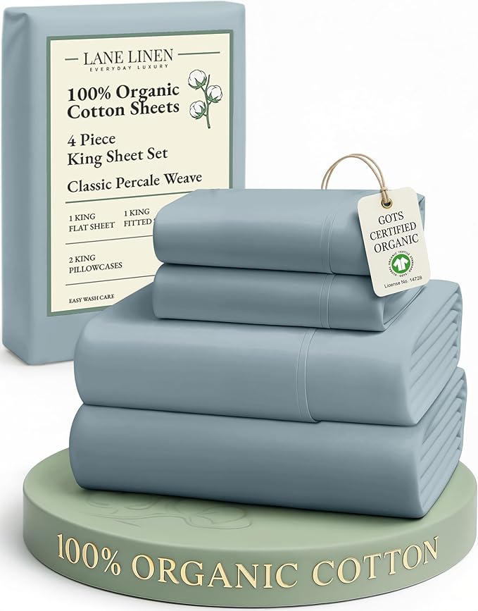 LANE LINEN 100% Organic Cotton Bed Sheets King Size, Soft & Comfy Fully Elasticized Percale Bedding Sheets & Pillowcase Set, Low Pilling Machine Washable All Season King Sheet- French Blue