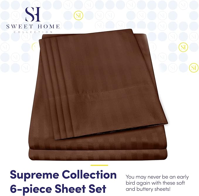 Dobby Stripe Queen Sheets - 6 Piece 1500 Supreme Collection Fine Brushed Microfiber Deep Pocket Queen Sheet Set Bedding - 2 Extra Pillow Cases, Great Value, Queen, Dobby Coffee