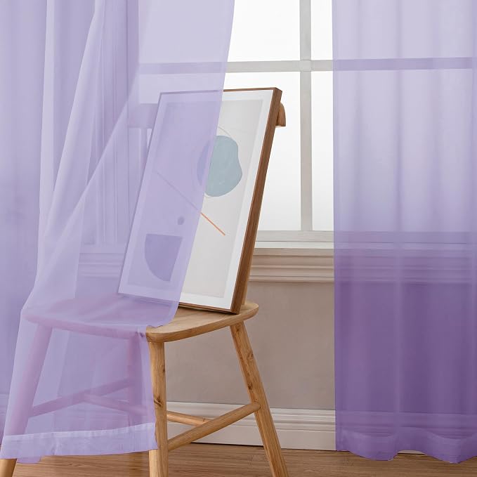 Chyhomenyc Sheer Curtains 63 Inch Length 2 Panels, Lilac | Light Filtering - Image 4