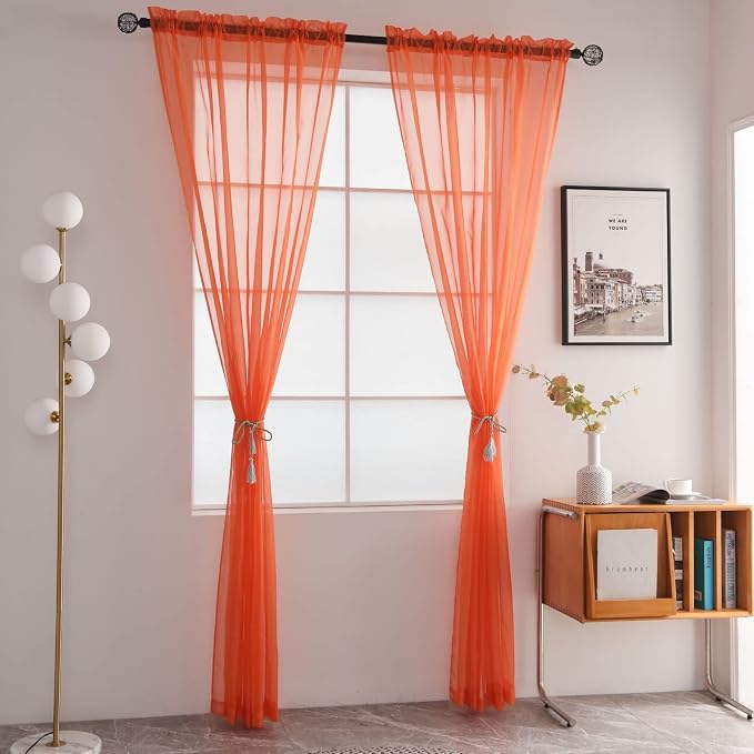 SpaceDresser Basic Rod Pocket Sheer Voile Window Curtain Panels Jaffa Orange 1 - Image 2