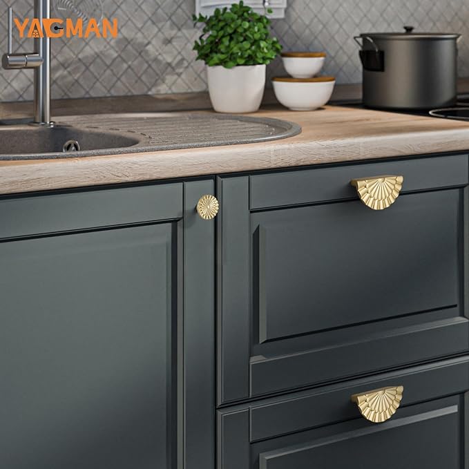 Brushed Gold Cabinet Pulls 10 Pack 3 Inch Modern Drawer Handles Kitchen Cupboard Half Moon Bathroom Dresser Sunflower Cup Flat Pull SH-BG76-10