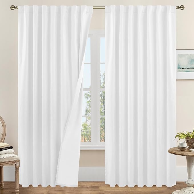 84 Inch White 100% Blackout Linen Curtains by LAMIT