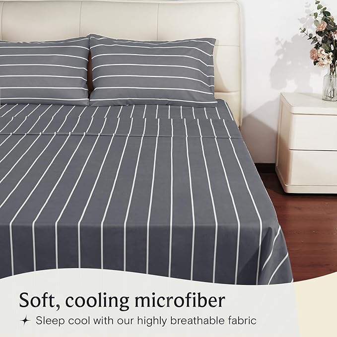 LuxClub 4 PC Full Size Sheet Set Bed Sheets, Breathable Luxury Deep Pockets Wrinkle Free Cooling Sheets Machine Washable Hotel Bedding (Full, Striped Light Grey)