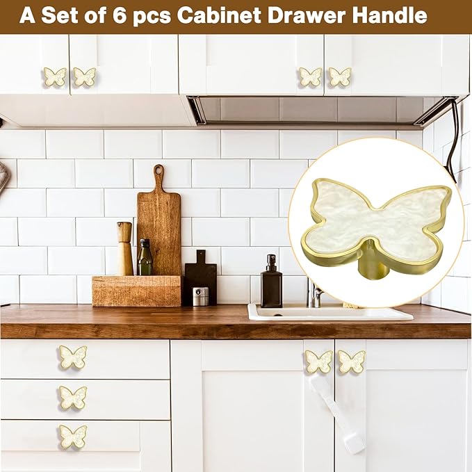 6 pcs Butterfly Shape Knobs Handle Gold Cabinet Knobs Decoration Door Handle Single Hole Handles Cabinet Drawer Dresser Kitchen Wardrobe Furniture Hardware Pulls (White)