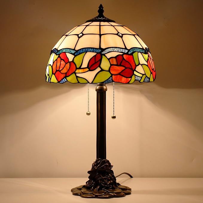 Tiffany Stained Glass Table Lamp 12X12X21Inch Resin Base Desk Bedroom Living Room Reading Light (red Rose)
