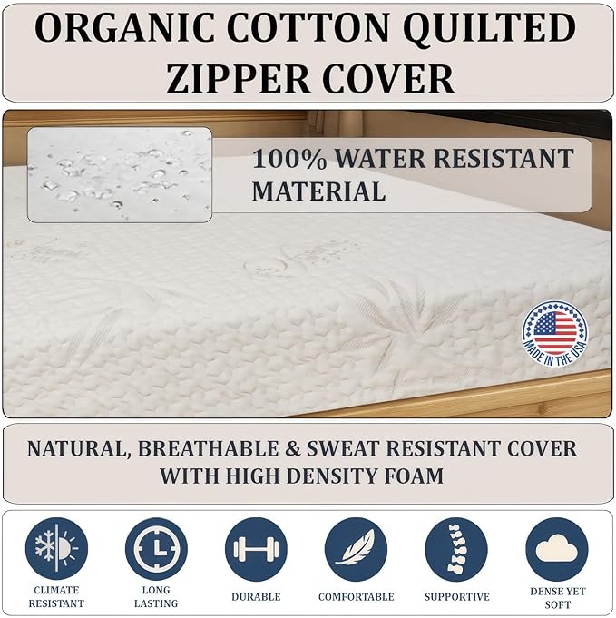 Foamma 8" x 28" x 75" Mattress for RV with Water Resistant Organic Cotton Cover, Firm High Density Foam, USA Made, CertiPUR-US Certified Foam