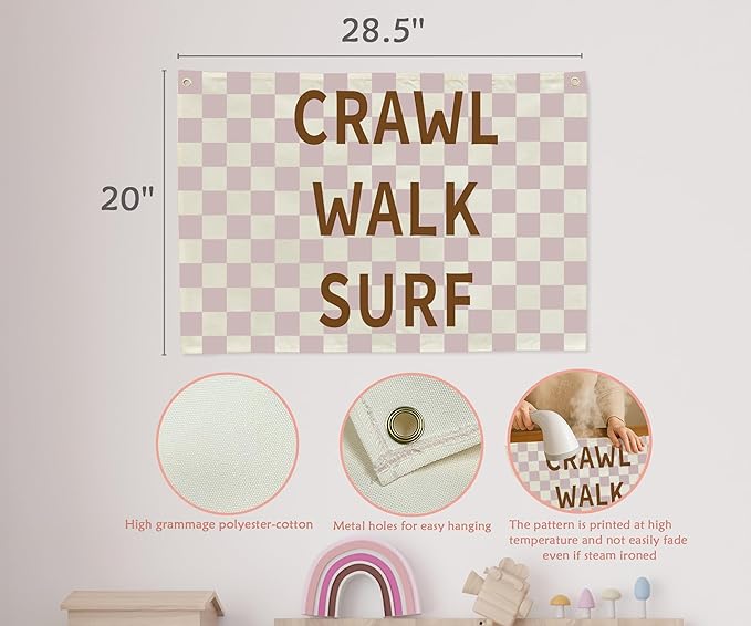 Nursery Rectangular Canvas Banner-Boho Flag Wall Sign Decor for Baby Boy Girl Kid,Baby Room Above Crib Playroom Reading Room Bedroom Decor-Crawl Walk Surf Theme-Baby Shower Birthday Christmas Gift
