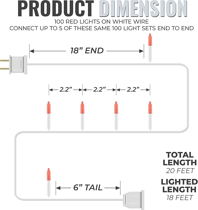 612 Vermont 100 Red Christmas Lights on a White Wire String, UL Approved, Indoor and Outdoor Use, 18’ of Lighted Length, 20’ of Total Length