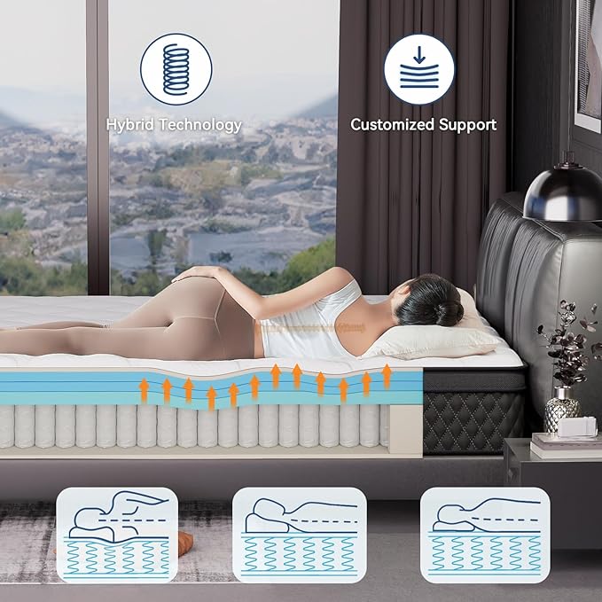 ELEMUSE Queen Mattress, 12 Inch Hybrid Memory Foam Mattress in a Box, Pressure Relieving Comfort, Individual Pocket Springs for Motion Isolation, Medium Firm, CertiPUR-US Certified, Fiberglass Free