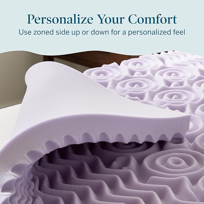 LUCID Lavender Infused 3 Inch Memory Foam Mattress Topper with 5 Zones – California King Size – Plush Feel – CertiPUR Certified – Dorm Room Essentials