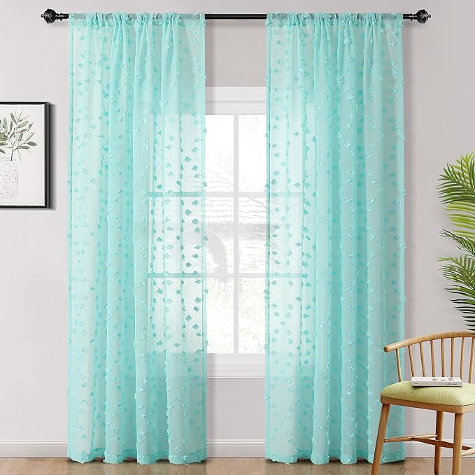 MYSKY HOME Pom Pom Aqua Sheer Curtains for Bedroom Girls Room Curtains 84 Inches Long for Nursery Kids Light Filtering Boho Window Drapes, Rod Pocket, 52" Wide, 2 Panels