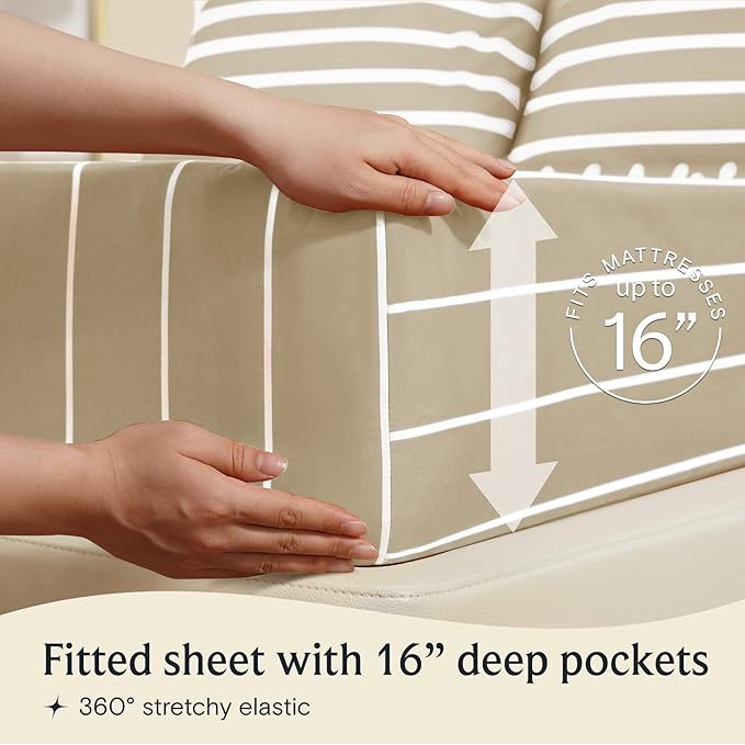 LuxClub 4 PC King Size Sheet Set Bed Sheets, Breathable Luxury Deep Pockets Wrinkle Free Cooling Sheets Machine Washable Hotel Bedding (King, Striped Cream)