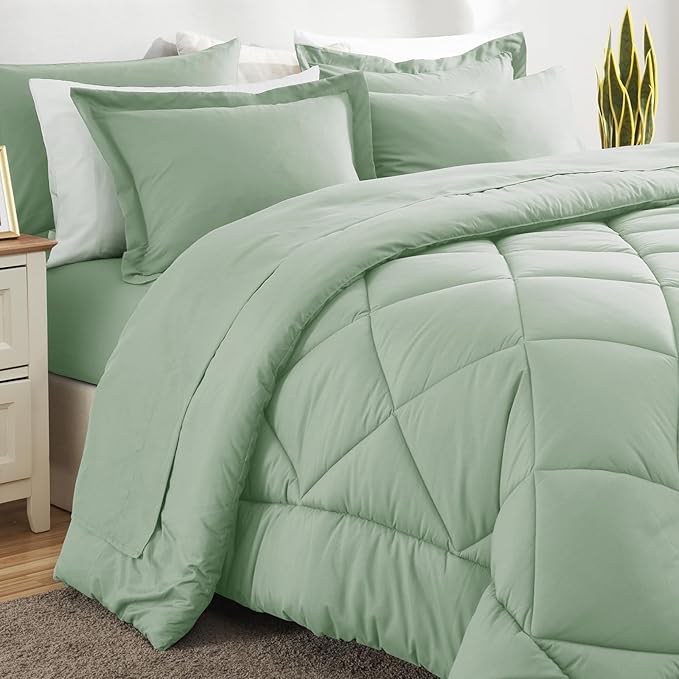 CozyLux Full Size Comforter Sets Sage Green - 7 Pieces Bed in a Bag Full, Luxury Soft Bed Set for All Seasons, Bedding Set with Down Alternative Comforter, Sheets, Pillowcases & Shams