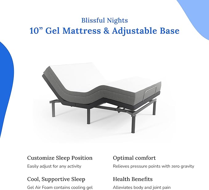 Blissful Nights e3 Queen Adjustable Bed Base Frame with 10" Medium Firm Gel Infused Memory Foam Mattress