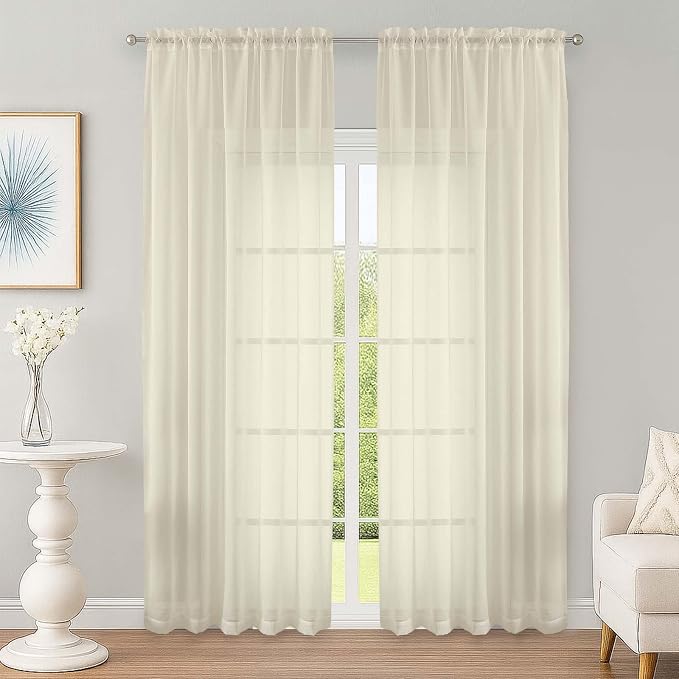 Cream Sheer Curtain 90 Inches Long 2 Panels Set, Solid Filmy Drapes by OWENIE