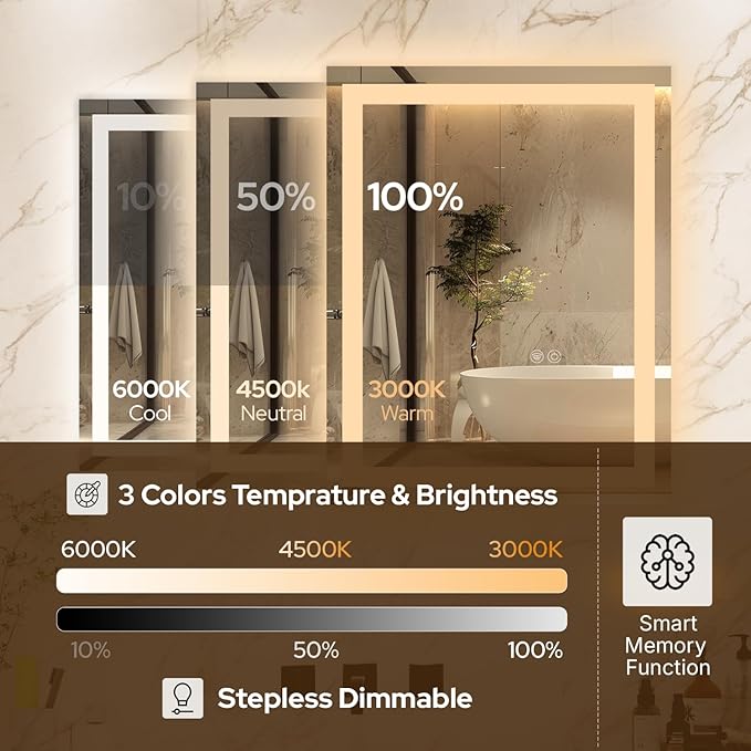28 x 36 LED Bathroom Mirror with Lights, Lighted Bathroom Vanity Mirror for Wall, Espejos para Baños, Frontlit & Backlit, Anti-Fog, Shatterproof, 3 Adjustable Color Temperatures & Memory Function