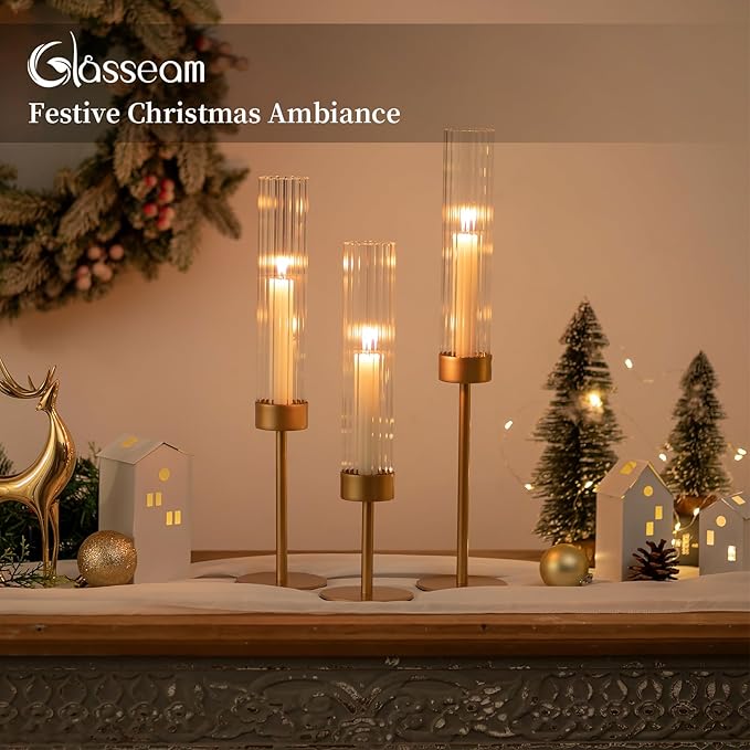 Glasseam Tapered Gold Candlestick Holders: 6 Pcs Tall Brass Taper Candle Holder with Ribbed Glass Cylinder - Hurricane Fluted Candle Holders for Table Centerpiece Wedding Party Christmas Decorations