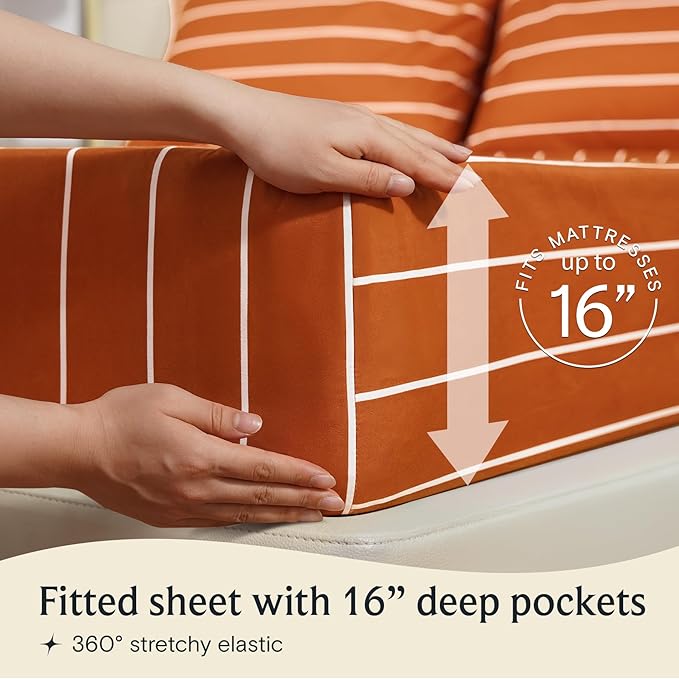 LuxClub 4 PC Sheet Set Bed Sheets Deep Pockets 16" Wrinkle Free Cooling Machine Washable Hotel Bedding Silky Soft - Striped-Autumn Orange King