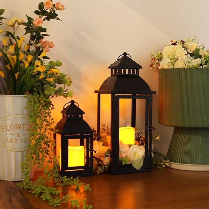 DECORKEY LED Lanterns Decorative Outdoor&Indoor, Set of 2 (17’’&11’’) Large Black Metal Lantern Decor with bronze brush, Candle Holder for Porch, Patio, Garden, Balcony, Wedding Decorations (No Glass)