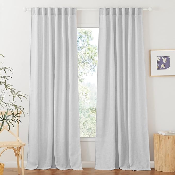 RYB HOME Linen Sheer Curtains - Farmhouse Privacy Semi Sheer Window Curtains for Living Room Bedroom Bathroom, Dove Gray, Wide 52 x Long 90, 1 Pair