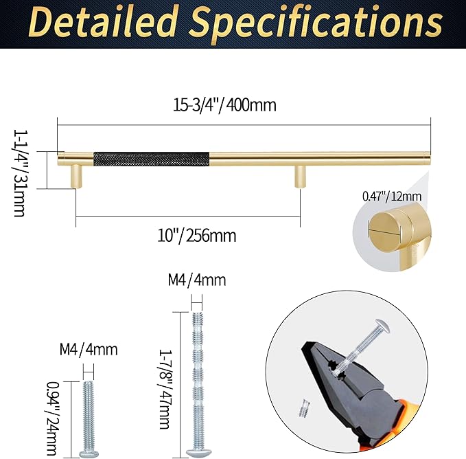 Knurled Cabinet Pulls 12 Pack, 16 Inch Long Cabinet Handles Metal Door Pulls, Kitchen Drawer Pull Knurled Dresser Handles - 10" Hole to Hole, Black & Gold