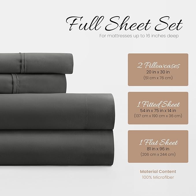 Linen Market Brushed Microfiber Full Sheet Set 4 Piece – Oeko-TEX Certified Ultra Soft & Wrinkle-Free - 16" Deep Pocket Sheets - Easy Care Full Size - Gray