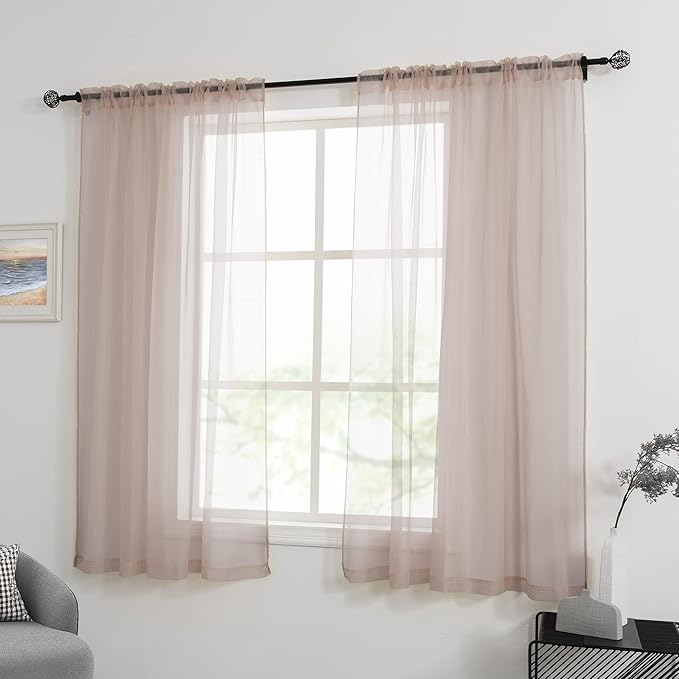 HUTO Blush Pink Sheer Curtains 45 inches Long for Bedroom Top Rod Pocket Sheer Window Panels Curtains for Nursery Living Room 52 by 45 Inch Length Set of 2