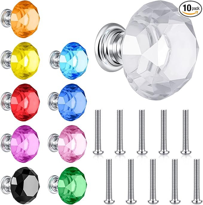 Youyole 10 Pcs Dresser Crystal Knobs 30mm Glass Pull for Cabinets and Drawers Knobs for Dresser Drawers and Kitchen(Classic Style)