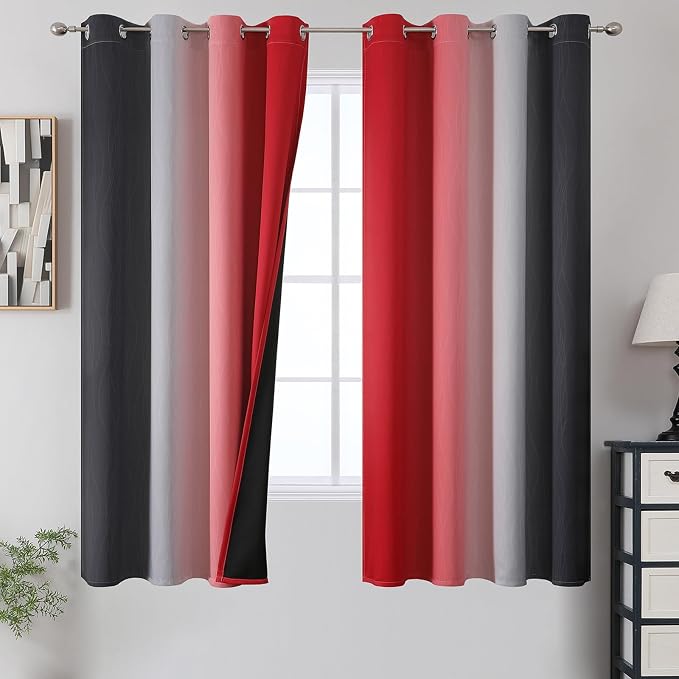 Red and Black Ombre Blackout Bedroom Curtains 63 Inch Long | Room Darkening by ESTELARTEXTILER